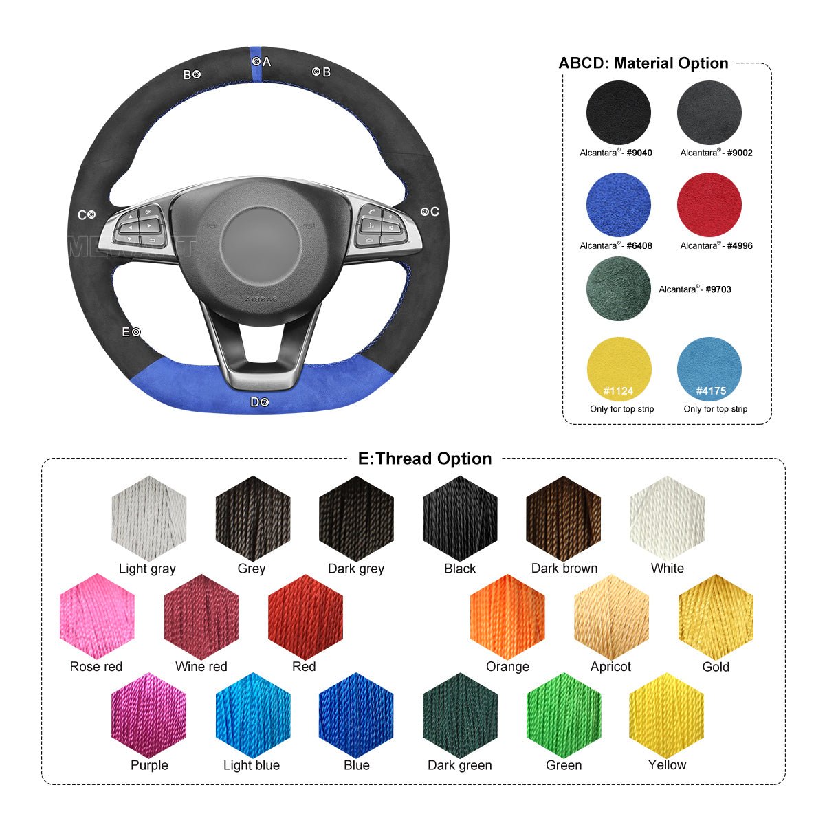 MEWANT Carbon Fiber Leather Car Steering Wheel Cover for Mercedes Benz W176 W246 W205 C117 C218 X218 W213 X253 C253 - Alcantara, Leather, Carbon Fiber, Easy Install, Non - Slip, Best Steering Wheel Cover