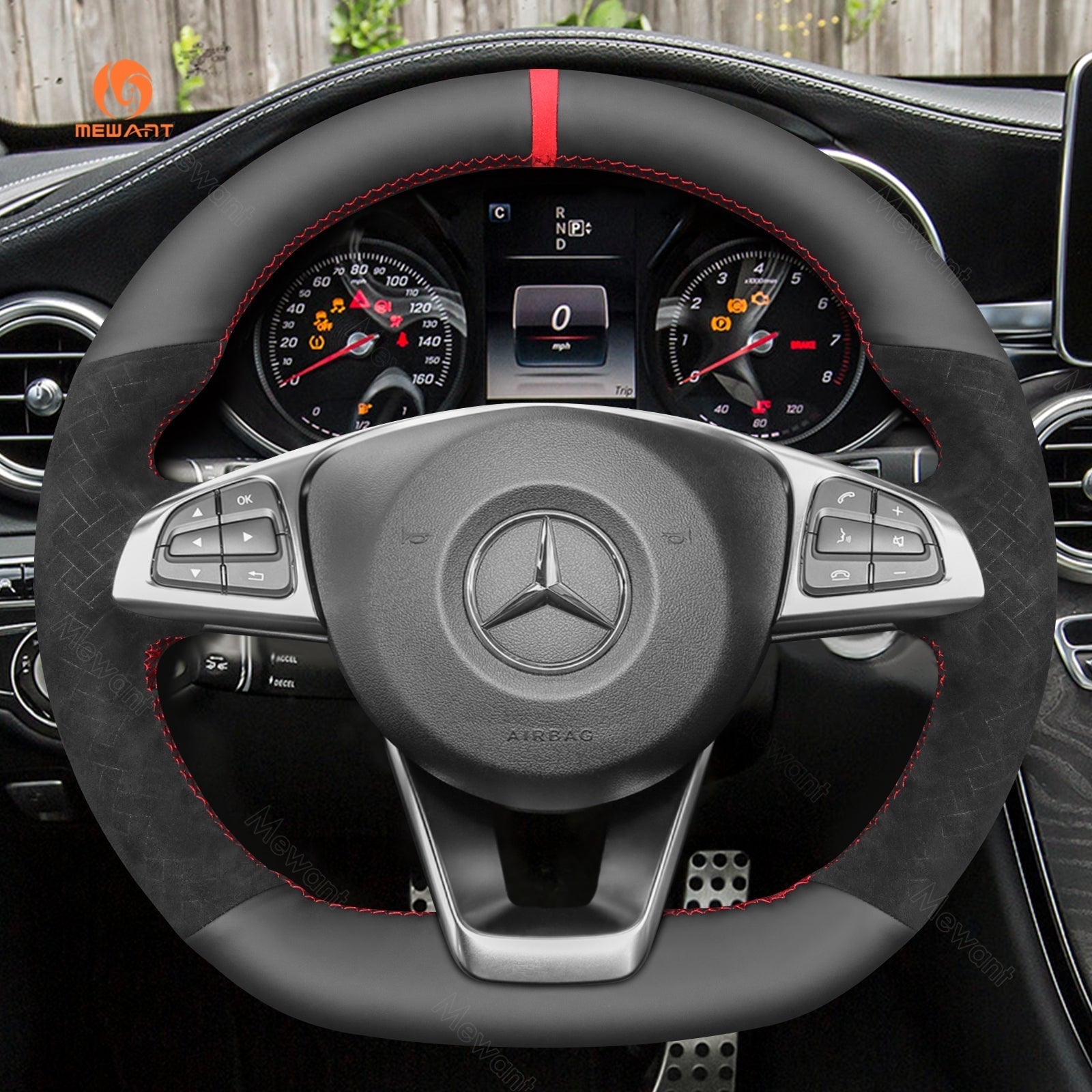 MEWANT Carbon Fiber Leather Car Steering Wheel Cover for Mercedes Benz W176 W246 W205 C117 C218 X218 W213 X253 C253 - Alcantara, Leather, Carbon Fiber, Easy Install, Non - Slip, Best Steering Wheel Cover