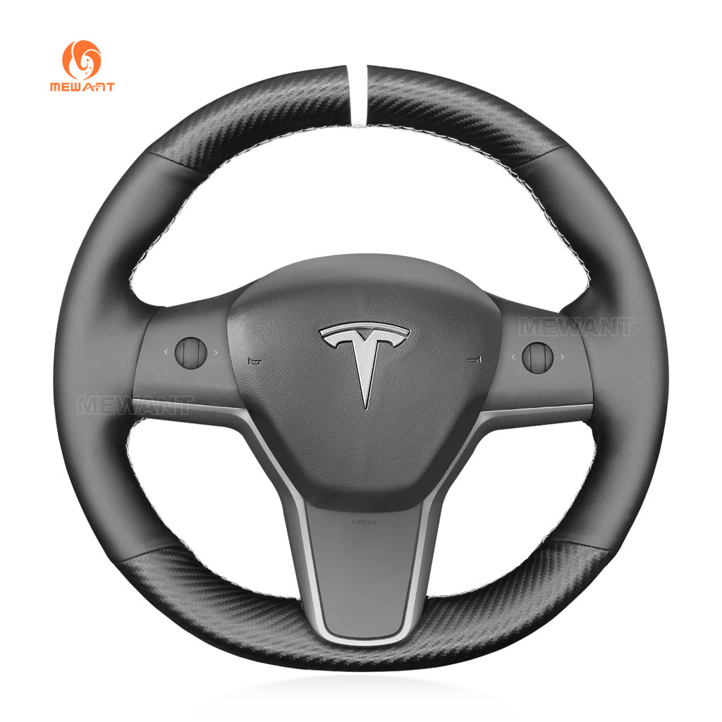MEWANT Carbon Fiber Leather Car Steering Wheel Cover for Tesla Model 3 2017 - 2020 / Model Y 2020 - 2021 - Alcantara, Leather, Carbon Fiber, Easy Install, Non - Slip, Best Steering Wheel Cover