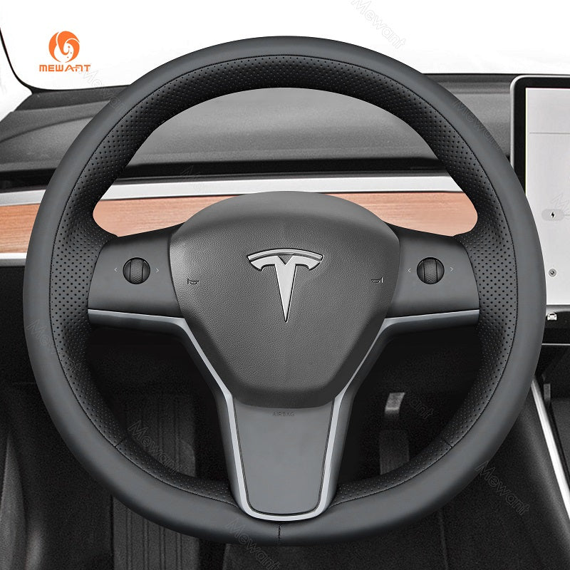 MEWANT Carbon Fiber Leather Car Steering Wheel Cover for Tesla Model 3 2017 - 2020 / Model Y 2020 - 2021 - Alcantara, Leather, Carbon Fiber, Easy Install, Non - Slip, Best Steering Wheel Cover