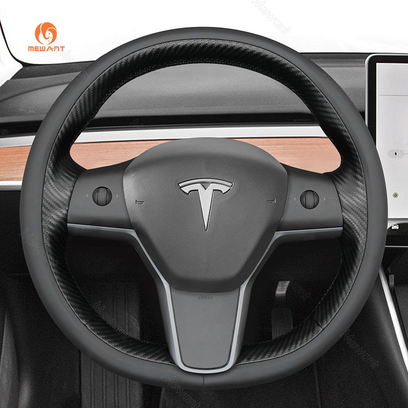 MEWANT Carbon Fiber Leather Car Steering Wheel Cover for Tesla Model 3 2017 - 2020 / Model Y 2020 - 2021 - Alcantara, Leather, Carbon Fiber, Easy Install, Non - Slip, Best Steering Wheel Cover