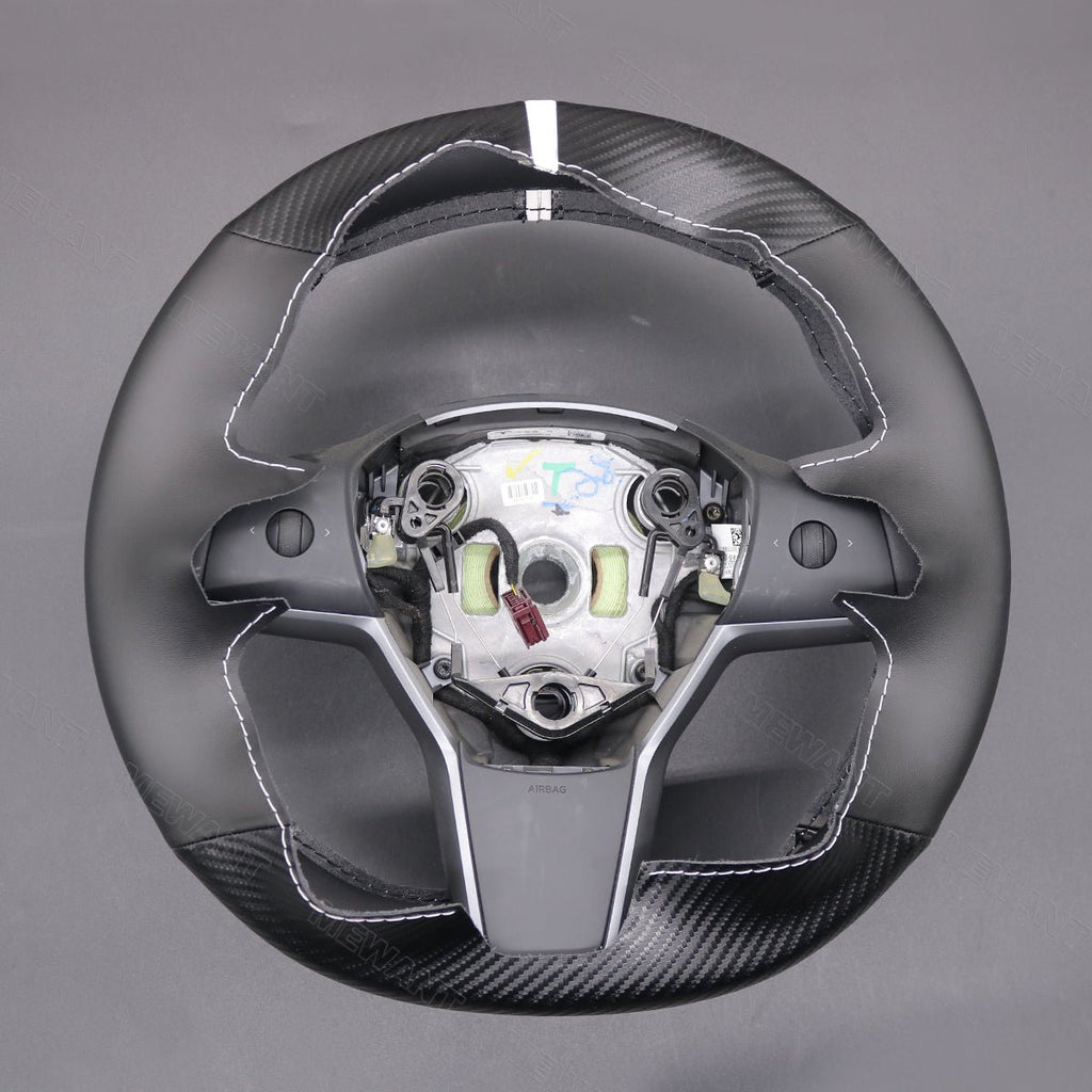 MEWANT Carbon Fiber Leather Car Steering Wheel Cover for Tesla Model 3 2017 - 2020 / Model Y 2020 - 2021 - Alcantara, Leather, Carbon Fiber, Easy Install, Non - Slip, Best Steering Wheel Cover