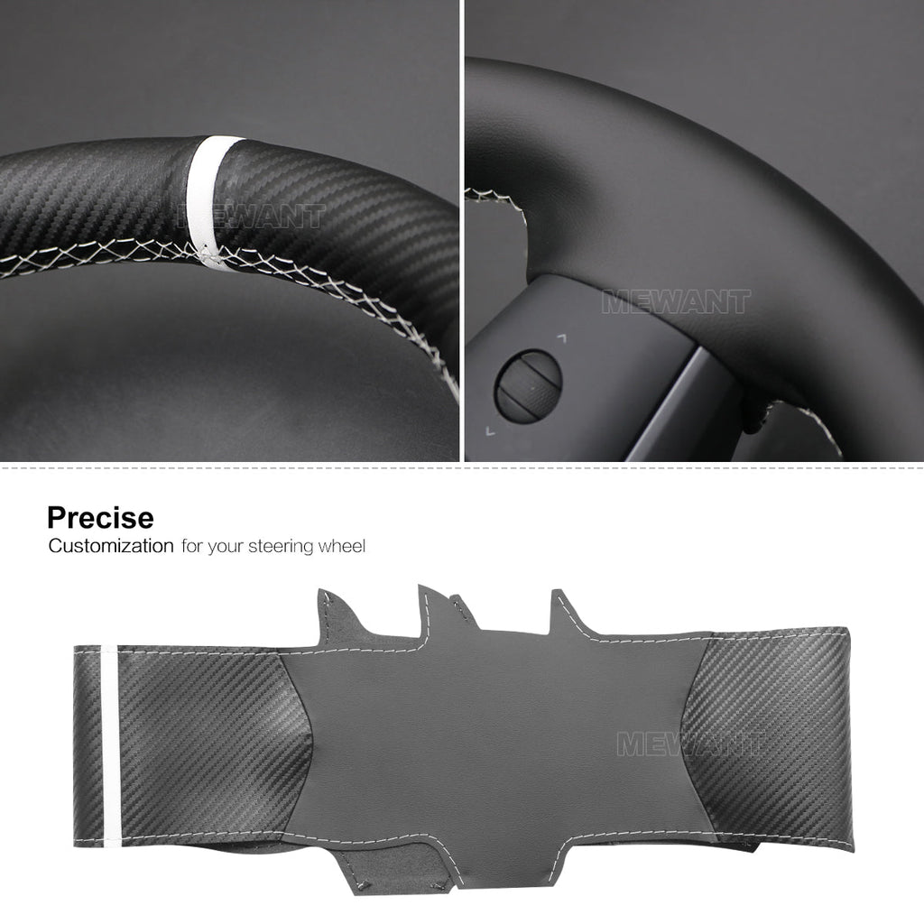 MEWANT Carbon Fiber Leather Car Steering Wheel Cover for Tesla Model 3 2017 - 2020 / Model Y 2020 - 2021 - Alcantara, Leather, Carbon Fiber, Easy Install, Non - Slip, Best Steering Wheel Cover