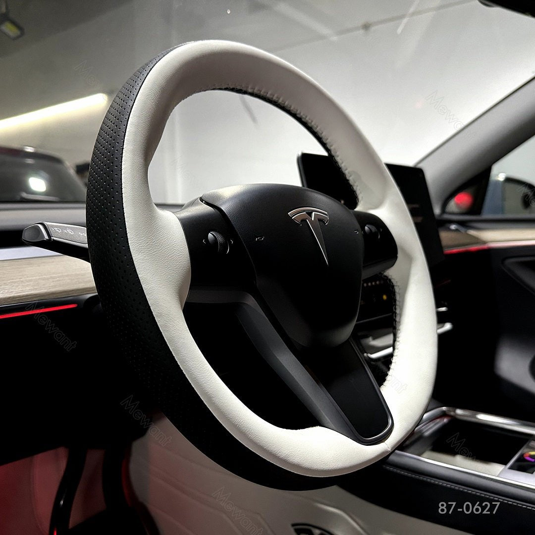 MEWANT Carbon Fiber Leather Car Steering Wheel Cover for Tesla Model 3 2017 - 2020 / Model Y 2020 - 2021 - Alcantara, Leather, Carbon Fiber, Easy Install, Non - Slip, Best Steering Wheel Cover