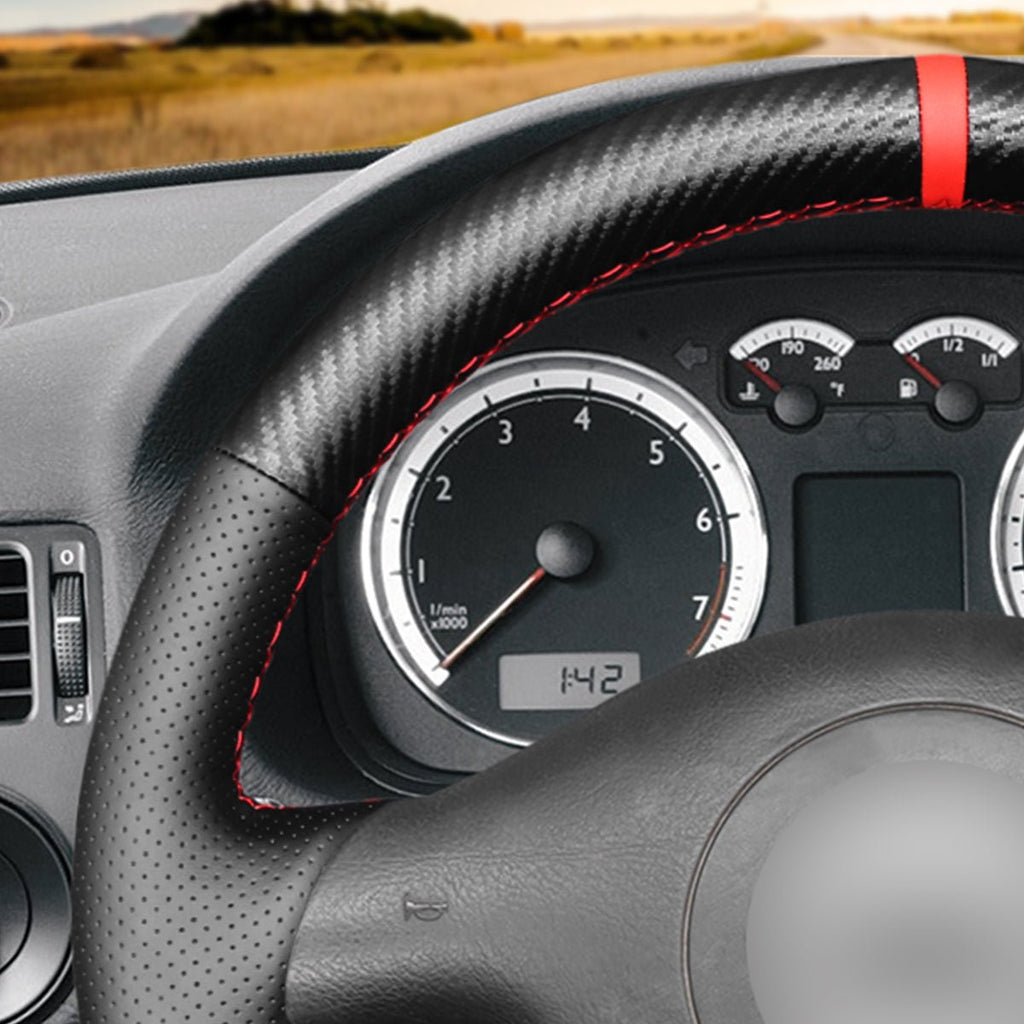 MEWANT Carbon Fiber Leather Car Steering Wheel Cover for Volkswagen VW Golf 4 Passat B5 Polo Bora Sharan for Seat Leon MK1 (1M) for Skoda Fabia 1 (6Y) - Alcantara, Leather, Carbon Fiber, Easy Install, Non - Slip, Best Steering Wheel Cover