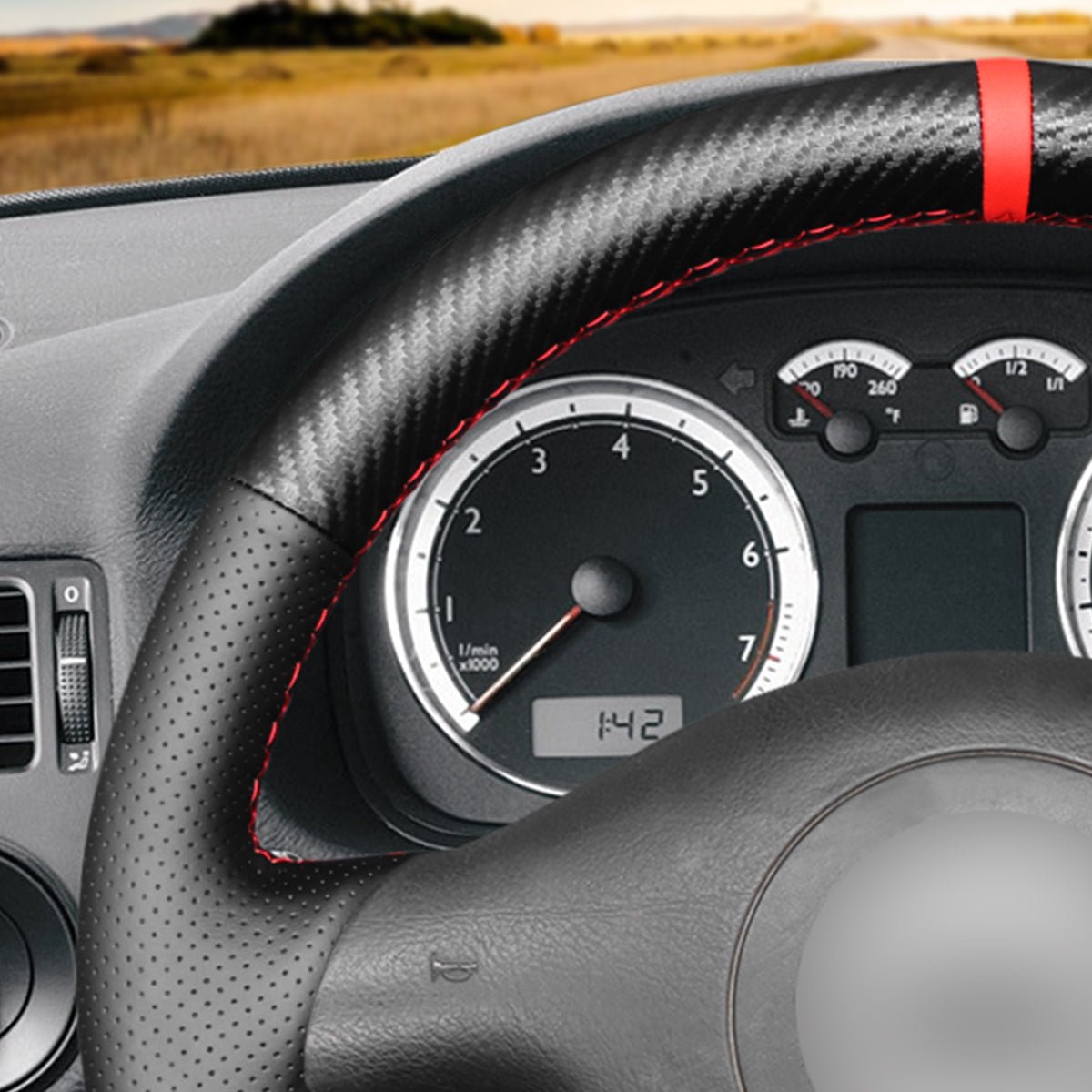 MEWANT Carbon Fiber Leather Car Steering Wheel Cover for Volkswagen VW Golf 4 Passat B5 Polo Bora Sharan for Seat Leon MK1 (1M) for Skoda Fabia 1 (6Y) - Alcantara, Leather, Carbon Fiber, Easy Install, Non - Slip, Best Steering Wheel Cover