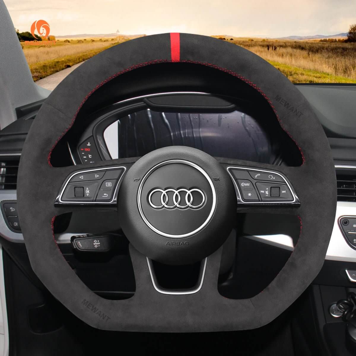 MEWANT Dark Grey Alcantara Car Steering Wheel Cover for Audi A3 A5 RS 3 RS 5 S3 S4 S5 2017 - 2019 - Alcantara, Leather, Carbon Fiber, Easy Install, Non - Slip, Best Steering Wheel Cover