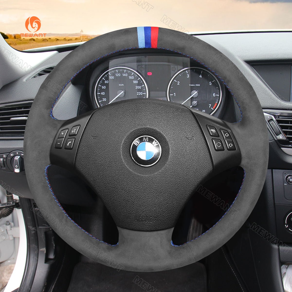 MEWANT Dark Grey Alcantara Car Steering Wheel Cover for BMW 3 Series E90 (Sedan) 2005 - 2011 / E91 (Touring) 2005 - 2011 X1 E84 2009 - 2015 - Alcantara, Leather, Carbon Fiber, Easy Install, Non - Slip, Best Steering Wheel Cover