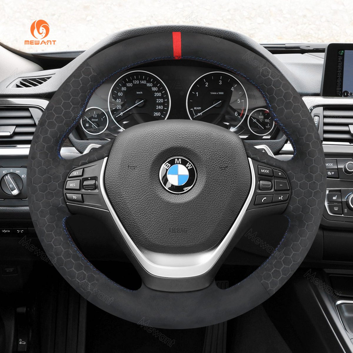 MEWANT Dark Grey Alcantara Car Steering Wheel Cover for BMW 3 Series F30 F34 F22 F23 F32 F33 F36 - Alcantara, Leather, Carbon Fiber, Easy Install, Non - Slip, Best Steering Wheel Cover