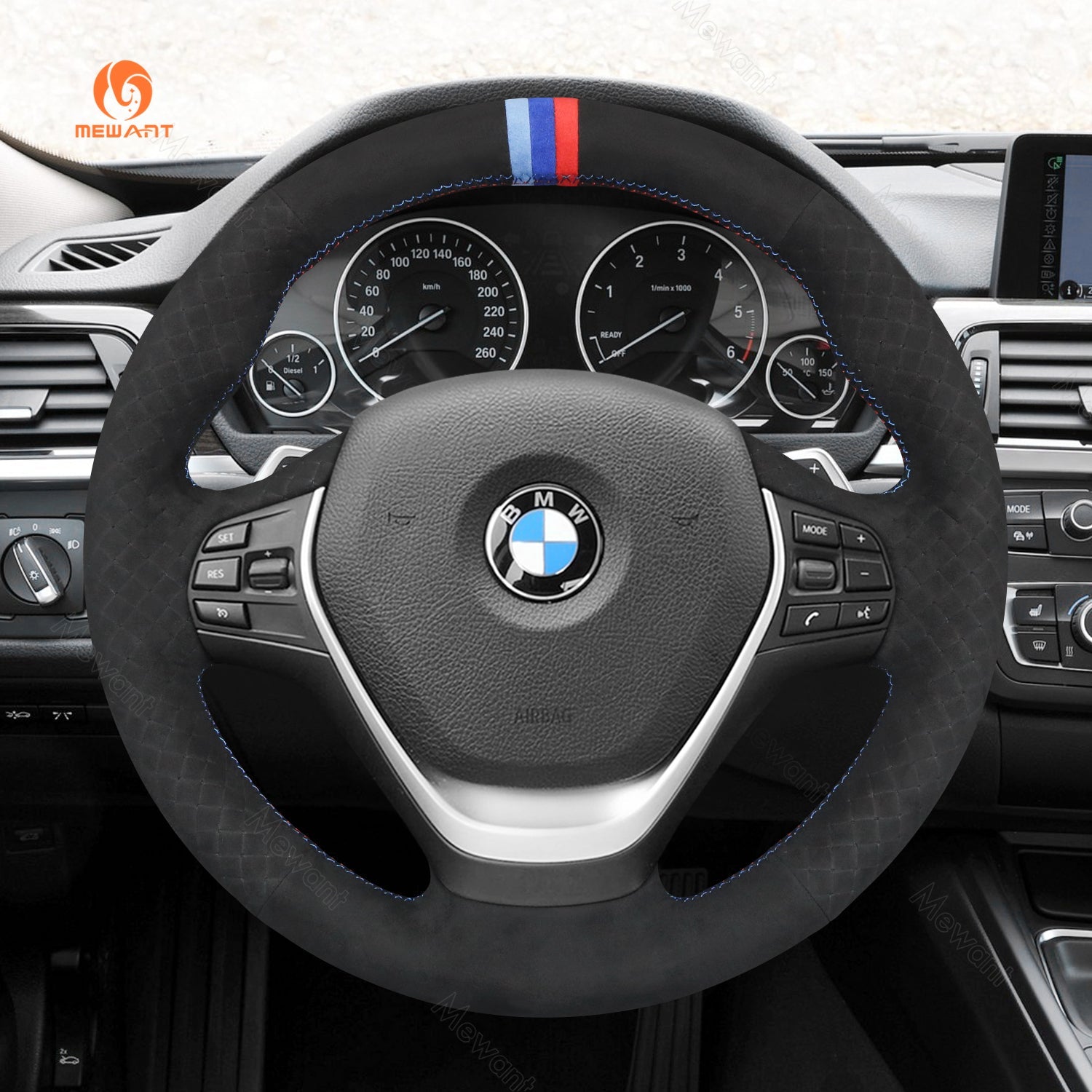 MEWANT Dark Grey Alcantara Car Steering Wheel Cover for BMW 3 Series F30 F34 F22 F23 F32 F33 F36 - Alcantara, Leather, Carbon Fiber, Easy Install, Non - Slip, Best Steering Wheel Cover