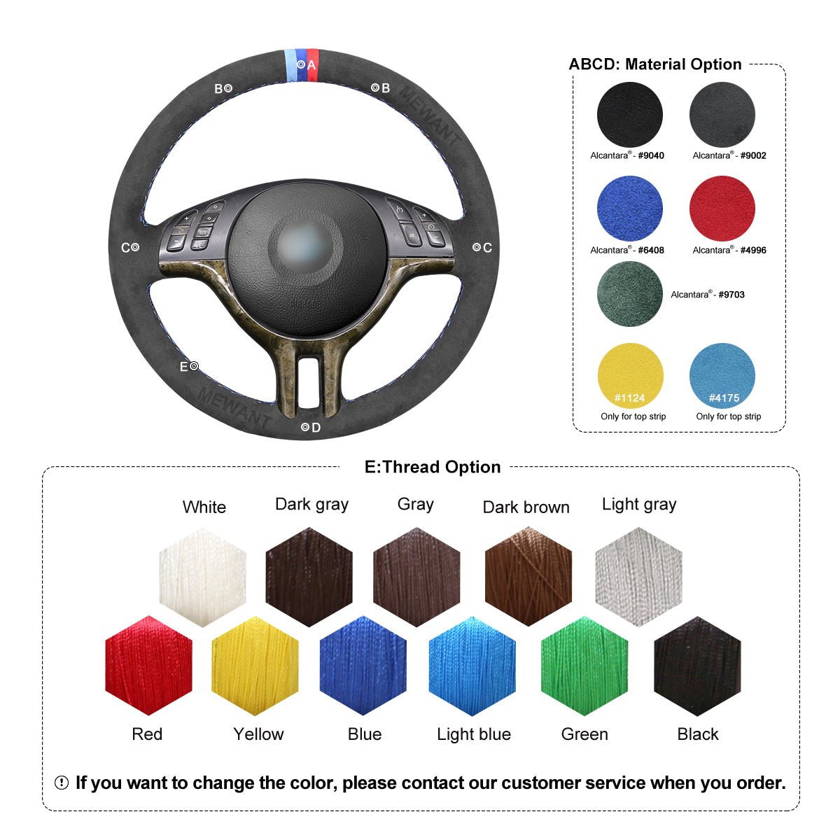 MEWANT Dark Grey Alcantara Car Steering Wheel Cover for BMW E46 318i 325i 330ci / E39 / X5 E53 / Z3 E36/7 E36/8 - Mewant Cover