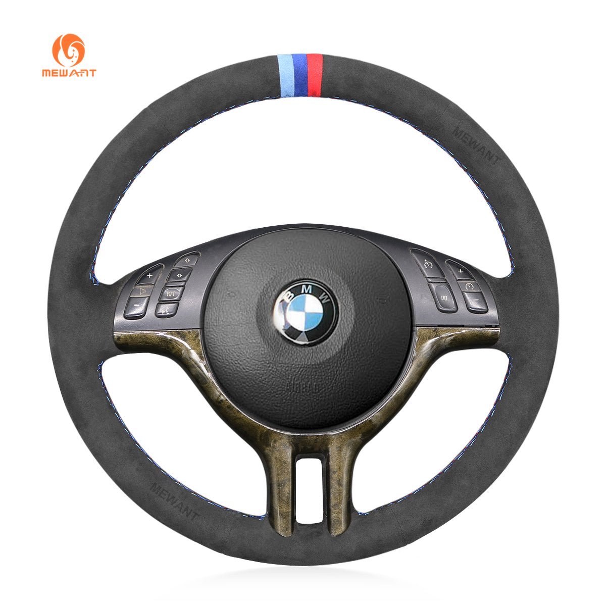 MEWANT Dark Grey Alcantara Car Steering Wheel Cover for BMW E46 318i 325i 330ci / E39 / X5 E53 / Z3 E36/7 E36/8 - Alcantara, Leather, Carbon Fiber, Easy Install, Non - Slip, Best Steering Wheel Cover