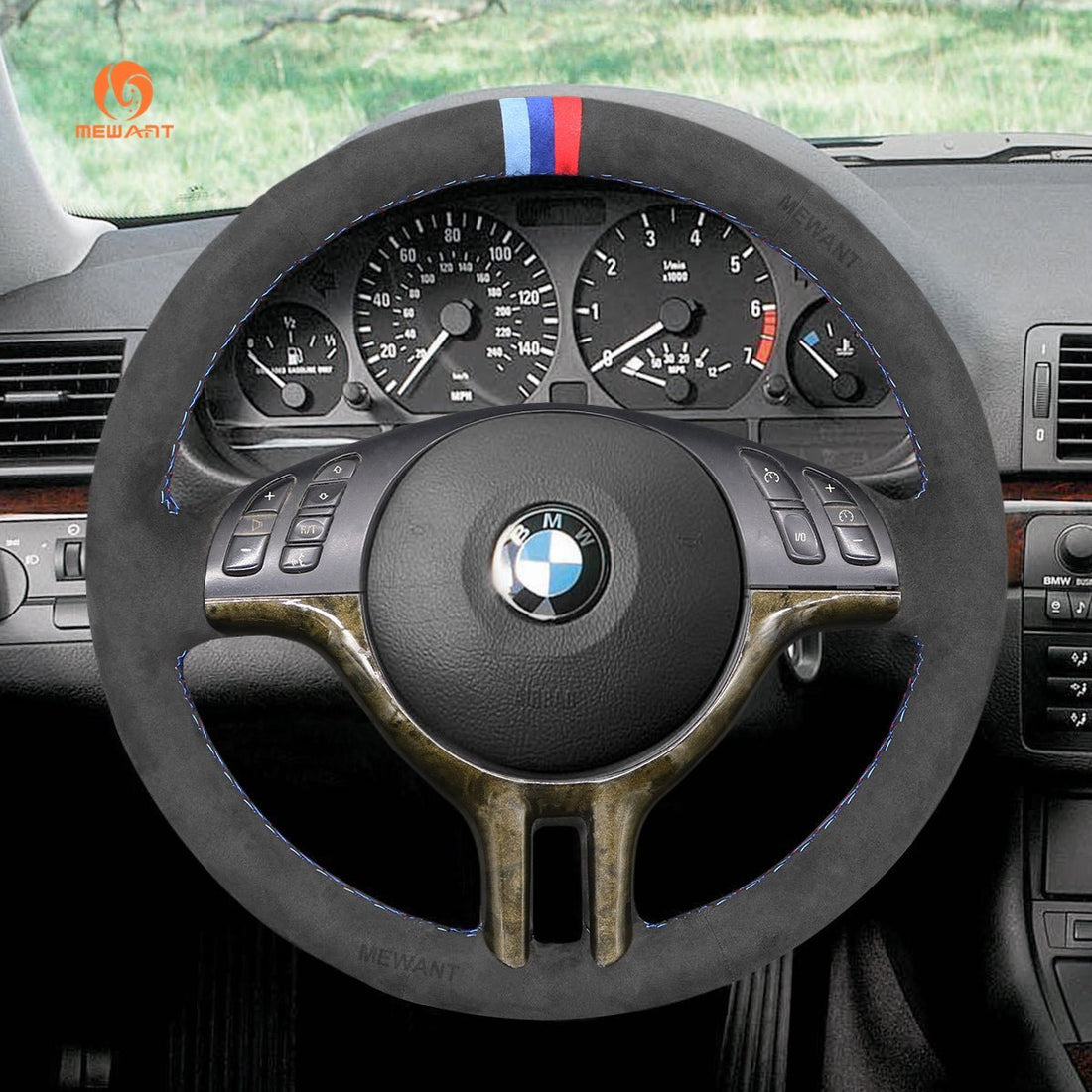 MEWANT رمادي داكن الكانتارا غطاء عجلة قيادة السيارة لسيارات BMW E46 318i 325i 330ci / E39 / X5 E53 / Z3 E36/7 E36/8