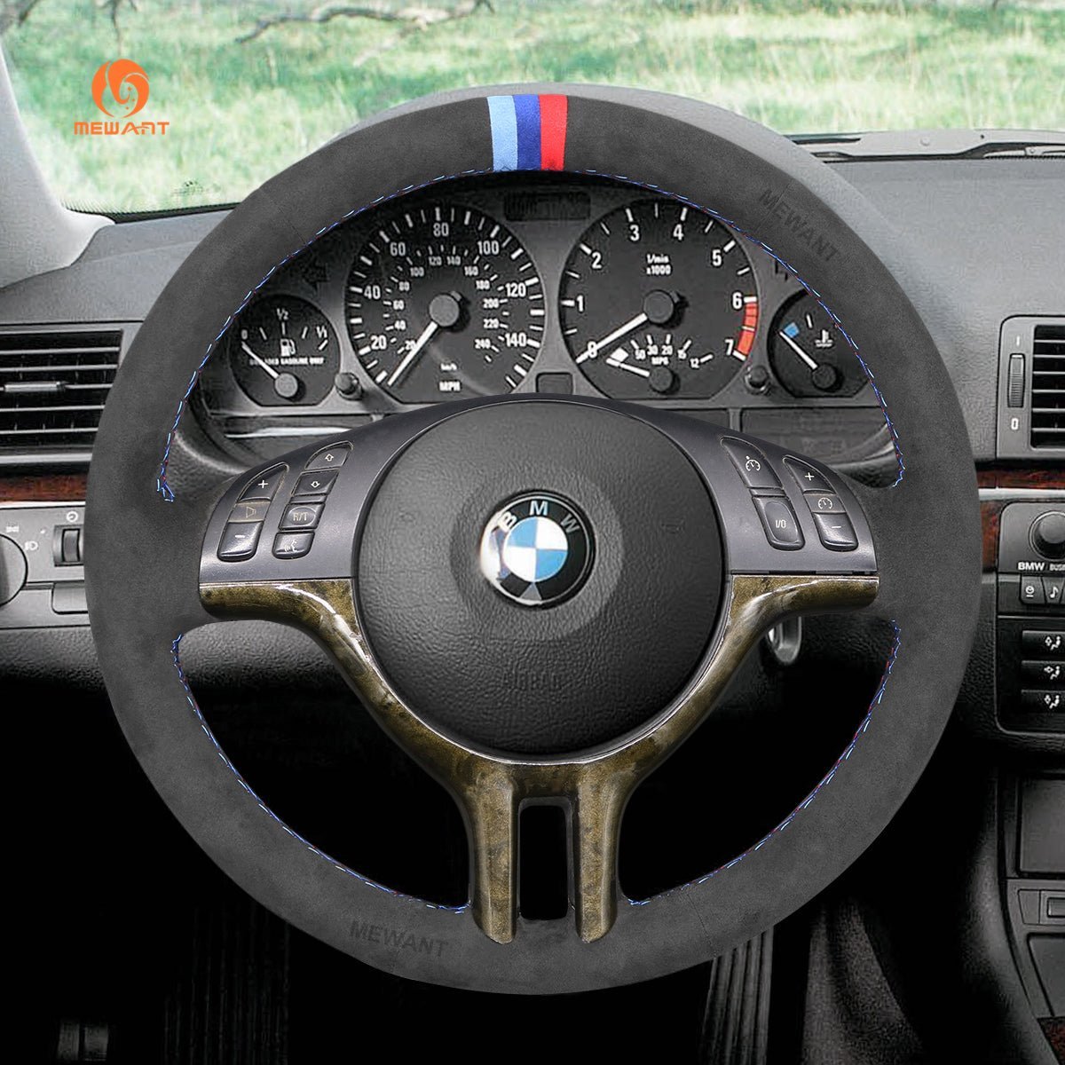 MEWANT Dark Grey Alcantara Car Steering Wheel Cover for BMW E46 318i 325i 330ci / E39 / X5 E53 / Z3 E36/7 E36/8 - Alcantara, Leather, Carbon Fiber, Easy Install, Non - Slip, Best Steering Wheel Cover