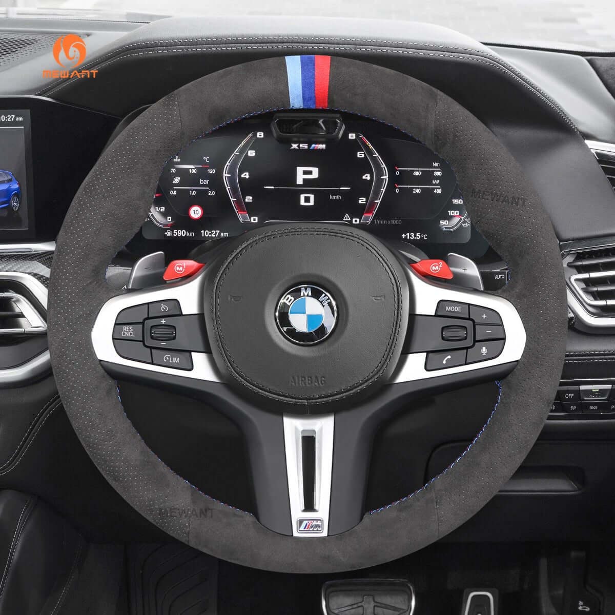 MEWANT Dark Grey Alcantara Car Steering Wheel Cover for BMW M3 G80 M4 G82 G83 M5 F90 M8 F91 F92 F93 3 M F97 X4 M F98 X5 M F95 X6 M F96 - Alcantara, Leather, Carbon Fiber, Easy Install, Non - Slip, Best Steering Wheel Cover