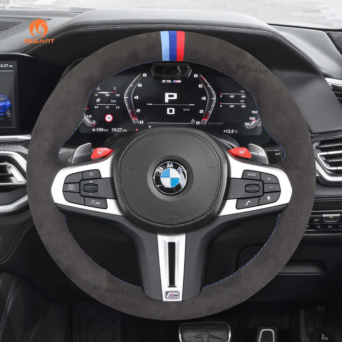 MEWANT Dark Grey Alcantara Car Steering Wheel Cover for BMW M3 G80 M4 G82 G83 M5 F90 M8 F91 F92 F93 3 M F97 X4 M F98 X5 M F95 X6 M F96 - Alcantara, Leather, Carbon Fiber, Easy Install, Non - Slip, Best Steering Wheel Cover