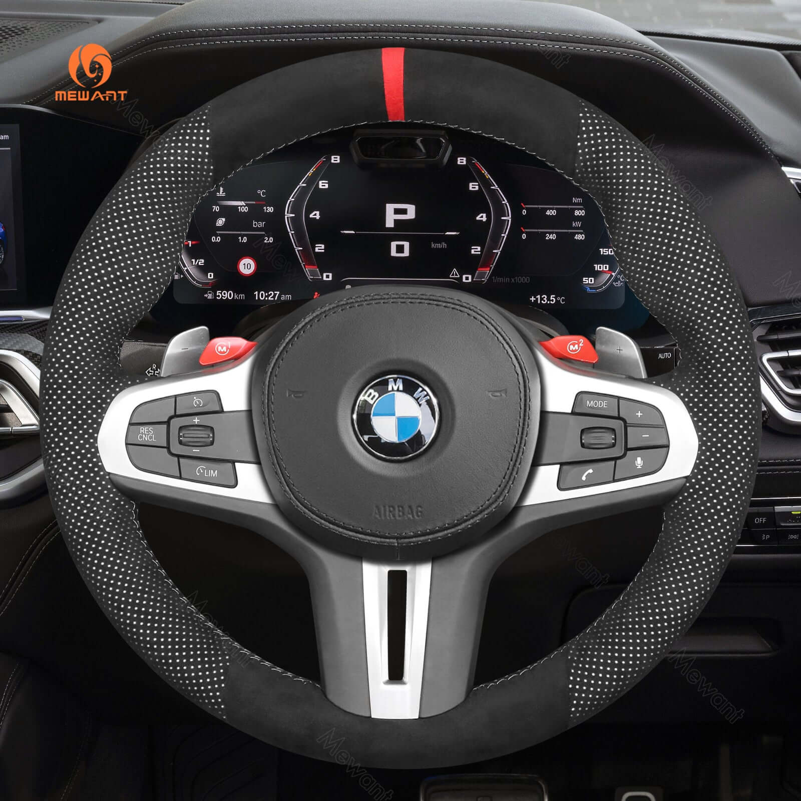 MEWANT Dark Grey Alcantara Car Steering Wheel Cover for BMW M3 G80 M4 G82 G83 M5 F90 M8 F91 F92 F93 3 M F97 X4 M F98 X5 M F95 X6 M F96 - Alcantara, Leather, Carbon Fiber, Easy Install, Non - Slip, Best Steering Wheel Cover