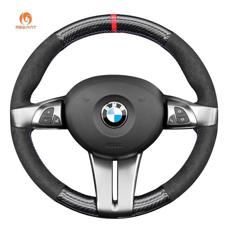MEWANT Dark Grey Alcantara Car Steering Wheel Cover for BMW Z4 E85 (Roadster) 2003 - 2008 / E86 (Coupe) 2005 - 2008 - Alcantara, Leather, Carbon Fiber, Easy Install, Non - Slip, Best Steering Wheel Cover