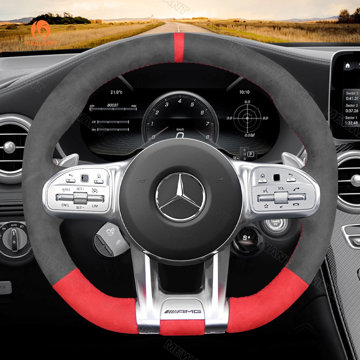 MEWANT Dark Grey Red Alcantara Car Steering Wheel Cover for Mercedes Benz AMG A35 W177 C190 W205 W213 - Alcantara, Leather, Carbon Fiber, Easy Install, Non - Slip, Best Steering Wheel Cover
