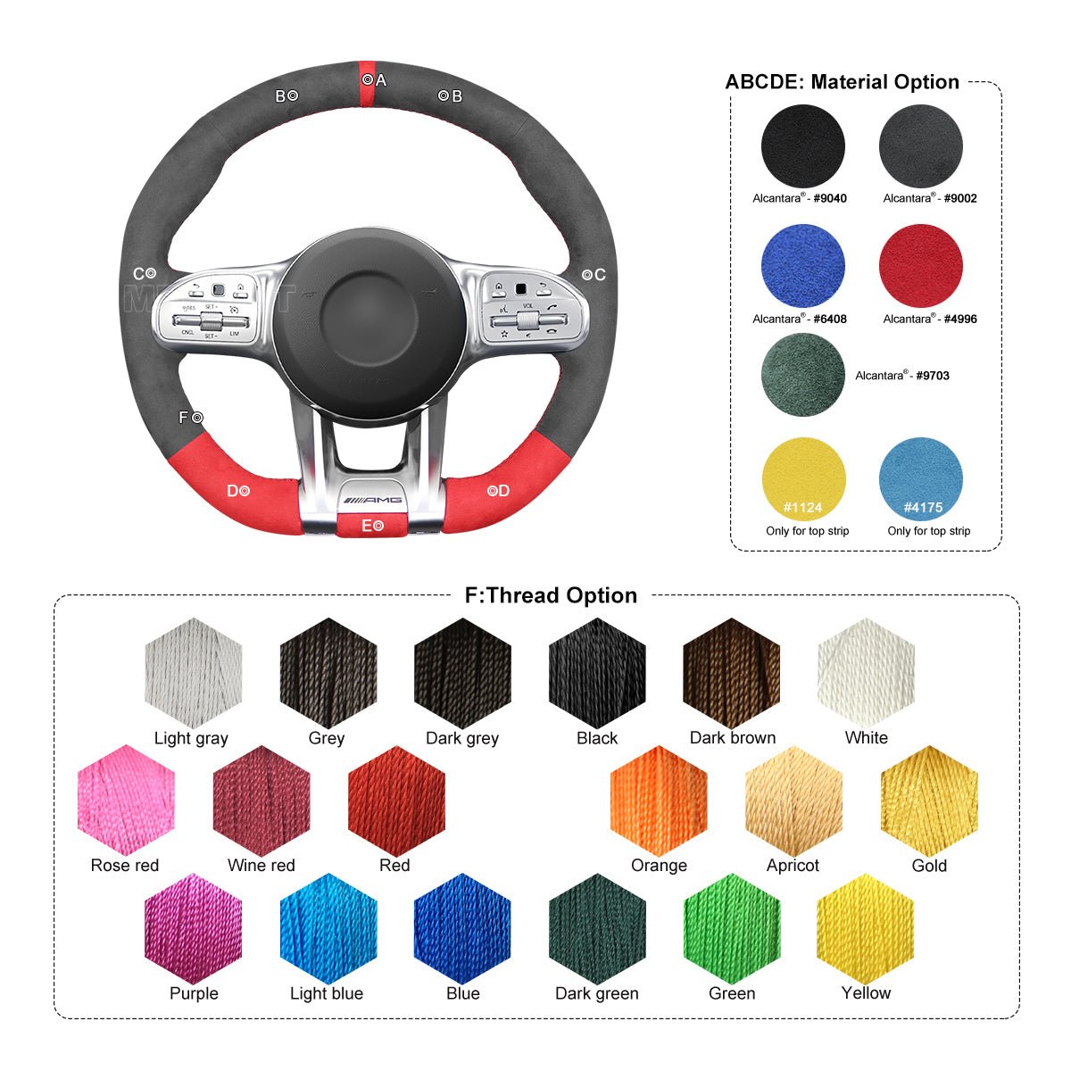 MEWANT Dark Grey Red Alcantara Car Steering Wheel Cover for Mercedes Benz AMG A35 W177 C190 W205 W213 - Alcantara, Leather, Carbon Fiber, Easy Install, Non - Slip, Best Steering Wheel Cover