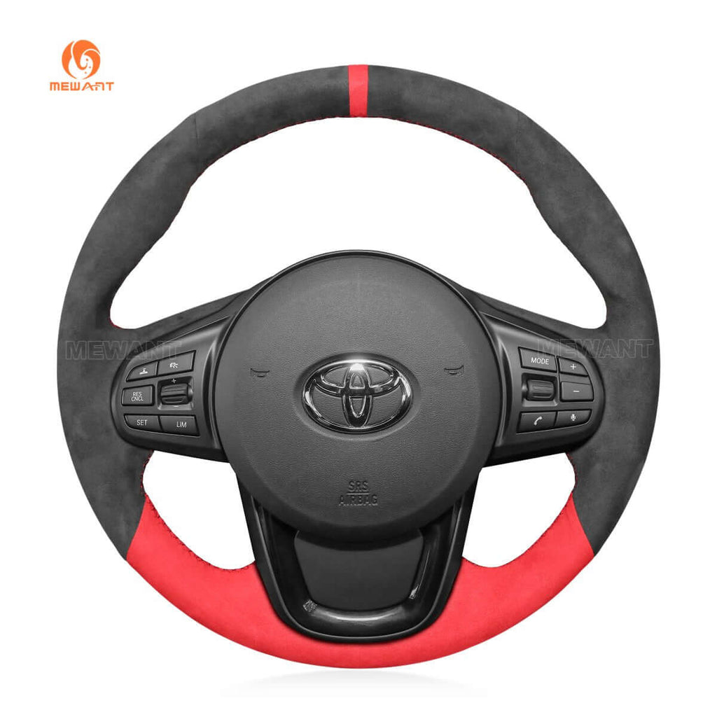 MEWANT Dark Grey Red Alcantara Car Steering Wheel Cover for Toyota Supra GR Supra 2019 2020 2021 - Alcantara, Leather, Carbon Fiber, Easy Install, Non - Slip, Best Steering Wheel Cover