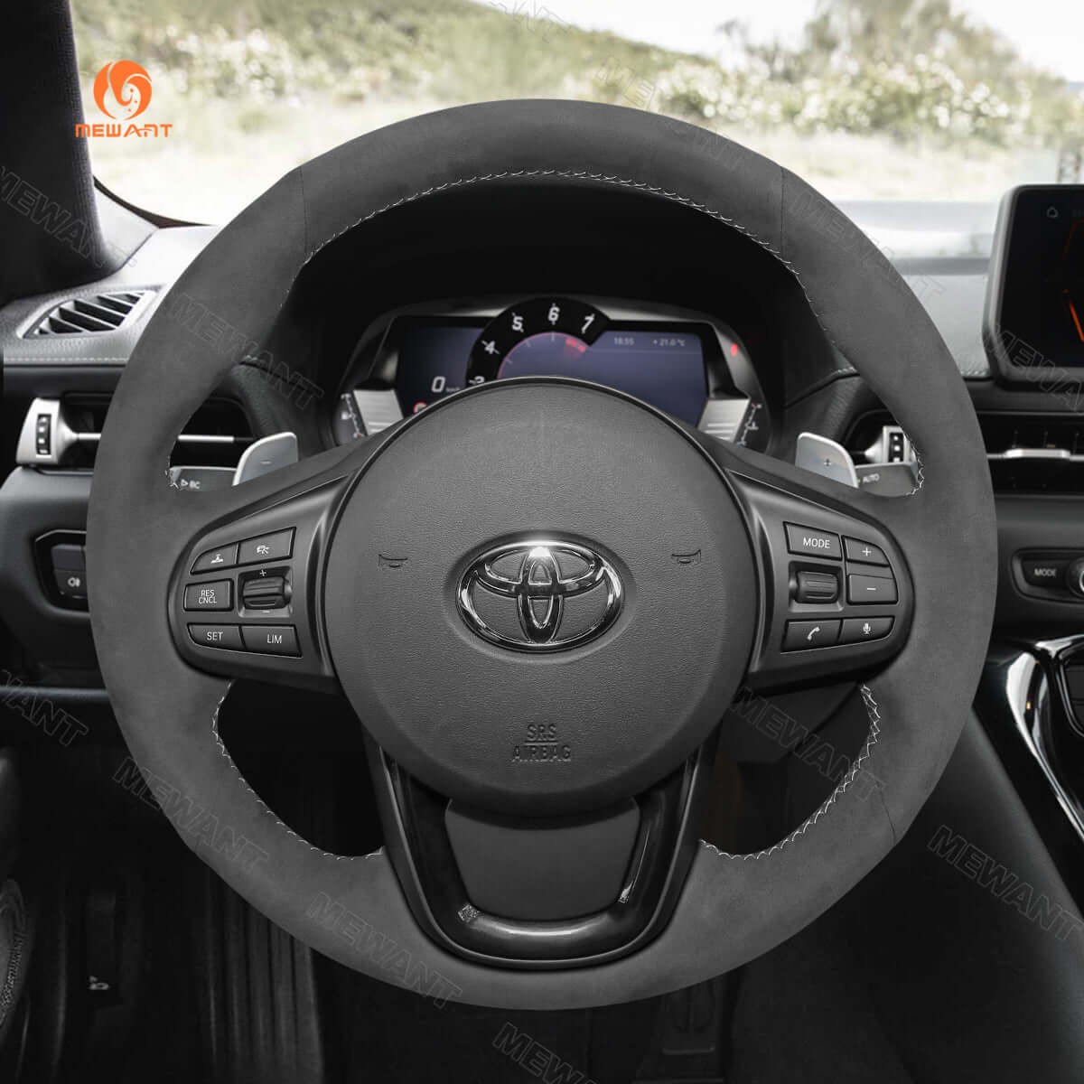 MEWANT Dark Grey Red Alcantara Car Steering Wheel Cover for Toyota Supra GR Supra 2019 2020 2021 - Alcantara, Leather, Carbon Fiber, Easy Install, Non - Slip, Best Steering Wheel Cover