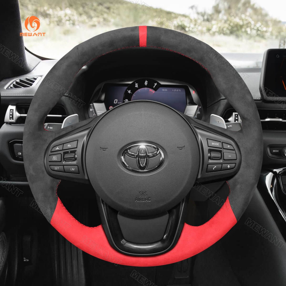 MEWANT Dark Grey Red Alcantara Car Steering Wheel Cover for Toyota Supra GR Supra 2019 2020 2021 - Alcantara, Leather, Carbon Fiber, Easy Install, Non - Slip, Best Steering Wheel Cover