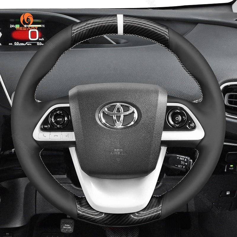 MEWANT DIY Black Leather Car Steering Wheel Cover for Toyota Prius 4 2016 - 2022 / Prius Prime 2017 - 2022 / Mirai 2016 - 2018 - Alcantara, Leather, Carbon Fiber, Easy Install, Non - Slip, Best Steering Wheel Cover