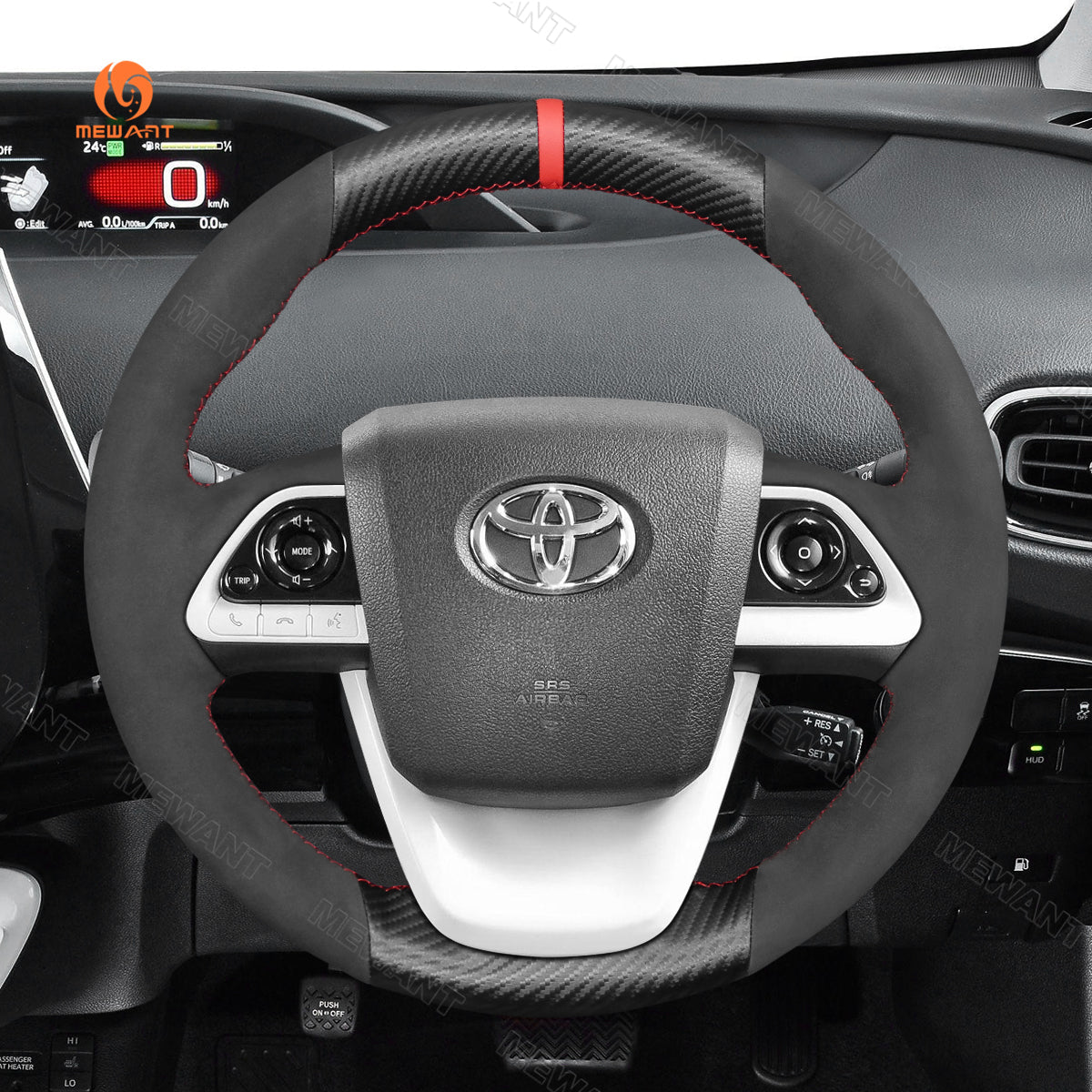 MEWANT DIY Black Leather Car Steering Wheel Cover for Toyota Prius 4 2016 - 2022 / Prius Prime 2017 - 2022 / Mirai 2016 - 2018 - Alcantara, Leather, Carbon Fiber, Easy Install, Non - Slip, Best Steering Wheel Cover