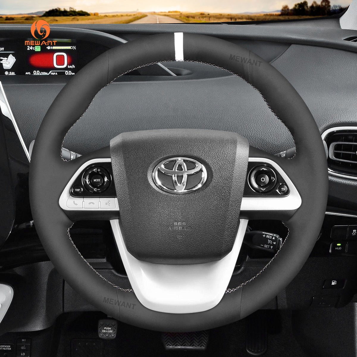 MEWANT DIY Black Leather Car Steering Wheel Cover for Toyota Prius 4 2016 - 2022 / Prius Prime 2017 - 2022 / Mirai 2016 - 2018 - Alcantara, Leather, Carbon Fiber, Easy Install, Non - Slip, Best Steering Wheel Cover