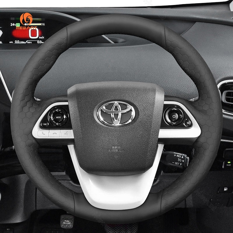 MEWANT DIY Black Leather Car Steering Wheel Cover for Toyota Prius 4 2016 - 2022 / Prius Prime 2017 - 2022 / Mirai 2016 - 2018 - Alcantara, Leather, Carbon Fiber, Easy Install, Non - Slip, Best Steering Wheel Cover