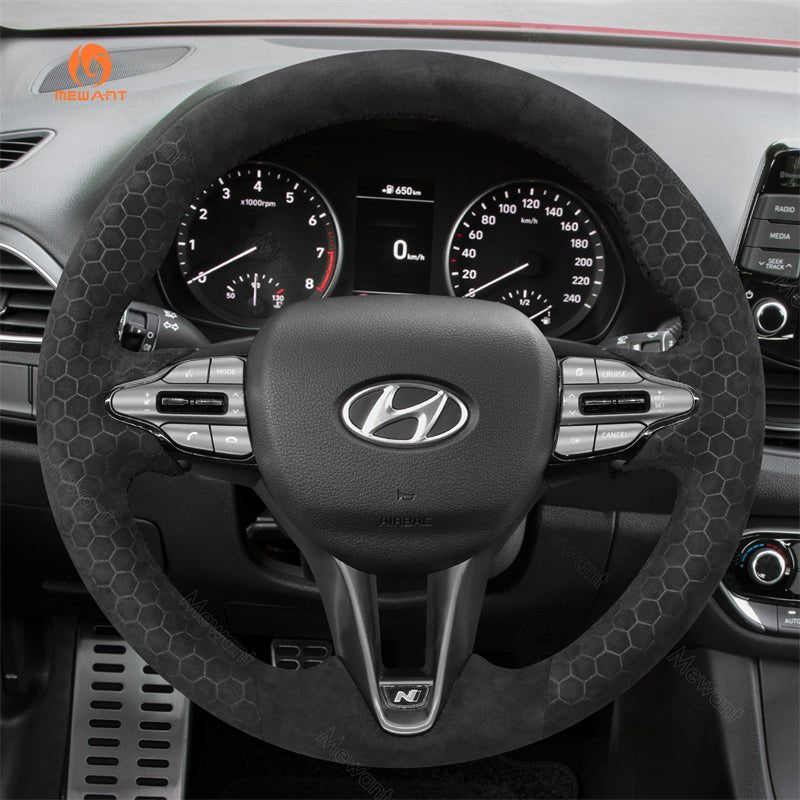 MEWANT DIY Black Leather Suede Carbon Fiber Car Steering Wheel Cover for Hyundai Elantra (N Line)/ Elantra N / Veloster N/ i20 N / i20 N Line/ i30 N/ i30 N Line/ Kona N - Mewant Cover