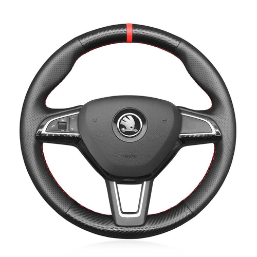 MEWANT DIY Black Suede Leather Carbon Fiber Car Steering Wheel Cover for Skoda Citigo Fabia Karoq Roomster Octavia Superb Yeti Kodiaq Scala - Mewant Cover