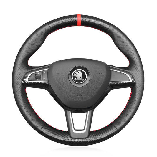 MEWANT DIY Black Suede Leather Carbon Fiber Car Steering Wheel Cover for Skoda Citigo Fabia Karoq Roomster Octavia Superb Yeti Kodiaq Scala - Mewant Cover