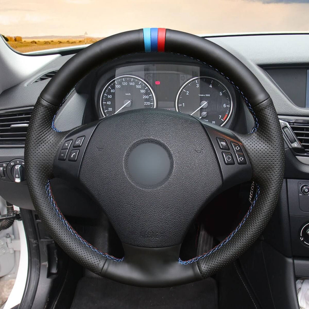 MEWANT DIY Black Suede Real Leather Car Steering Wheel Cover for BMW 3 Series E90 (Sedan) 2005 - 2011 / E91 (Touring) 2005 - 2011 X1 E84 2009 - 2015 - Alcantara, Leather, Carbon Fiber, Easy Install, Non - Slip, Best Steering Wheel Cover
