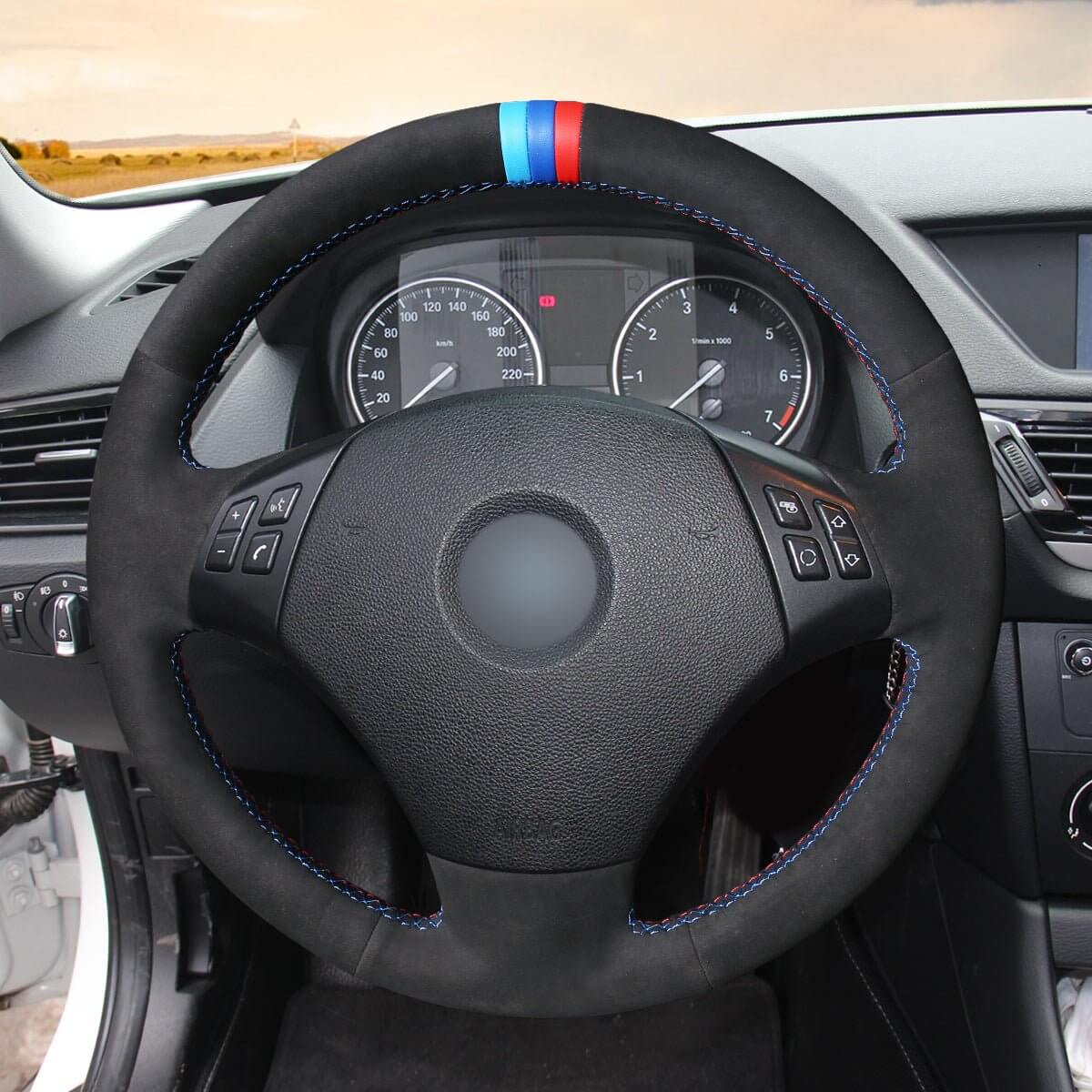 MEWANT DIY Black Suede Real Leather Car Steering Wheel Cover for BMW 3 Series E90 (Sedan) 2005 - 2011 / E91 (Touring) 2005 - 2011 X1 E84 2009 - 2015 - Alcantara, Leather, Carbon Fiber, Easy Install, Non - Slip, Best Steering Wheel Cover