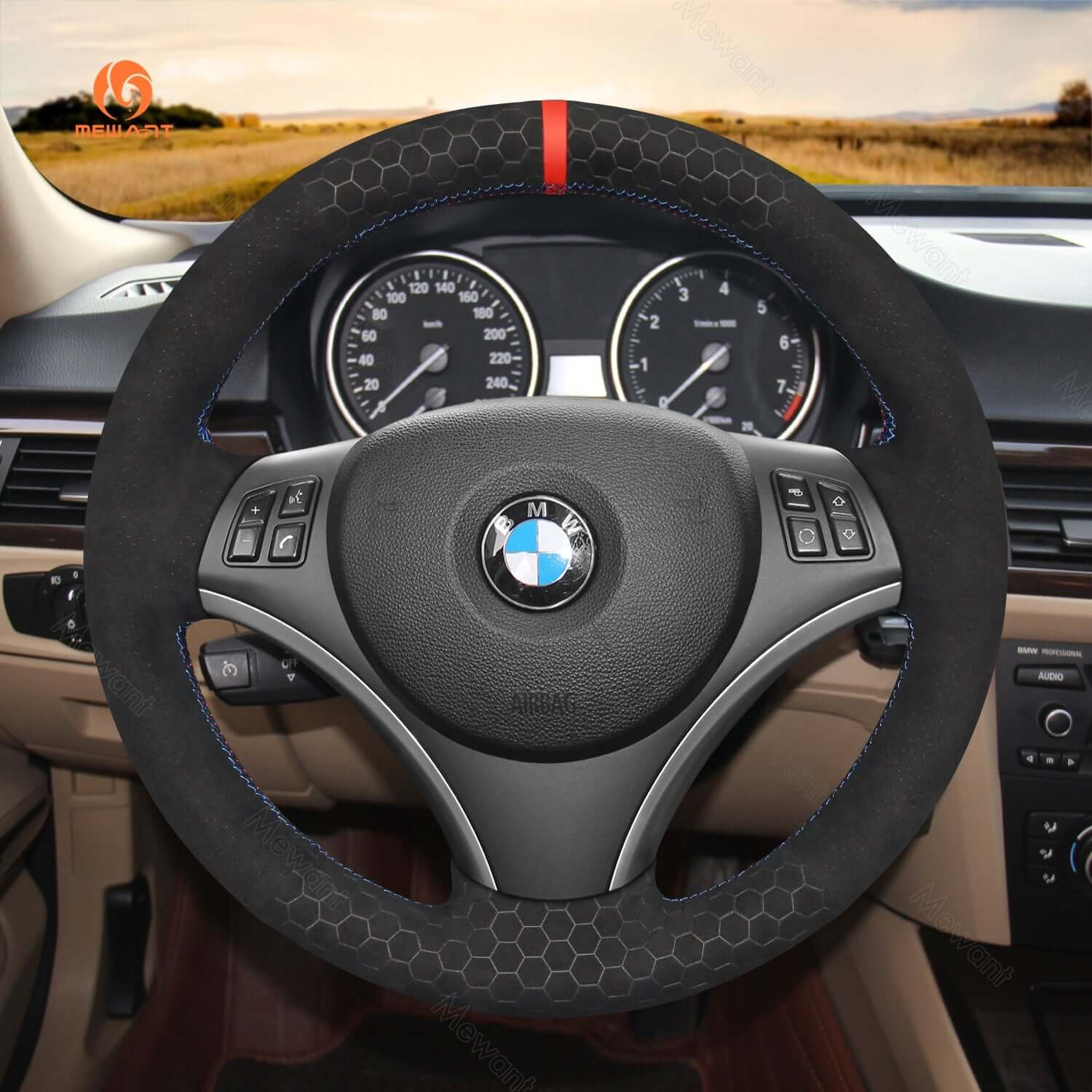 MEWANT DIY Car Steering Wheel Cover for BMW 1 Series E81 E82 E87 E88 2008 - 2012 / 3 Series E90 E91 E92 E93 2006 - 2011 - Alcantara, Leather, Carbon Fiber, Easy Install, Non - Slip, Best Steering Wheel Cover