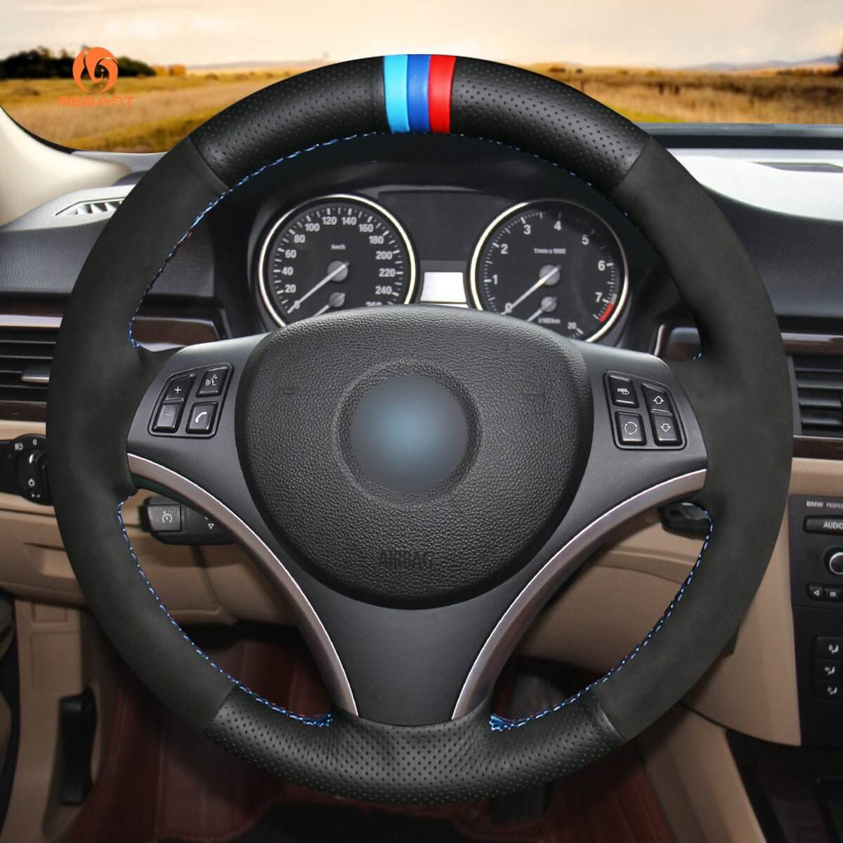 MEWANT DIY Car Steering Wheel Cover for BMW 1 Series E81 E82 E87 E88 2008 - 2012 / 3 Series E90 E91 E92 E93 2006 - 2011 - Alcantara, Leather, Carbon Fiber, Easy Install, Non - Slip, Best Steering Wheel Cover