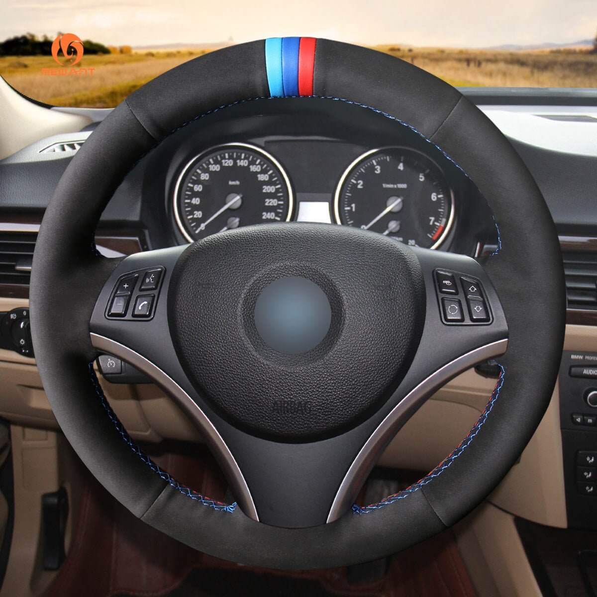 MEWANT DIY Car Steering Wheel Cover for BMW 1 Series E81 E82 E87 E88 2008 - 2012 / 3 Series E90 E91 E92 E93 2006 - 2011 - Alcantara, Leather, Carbon Fiber, Easy Install, Non - Slip, Best Steering Wheel Cover