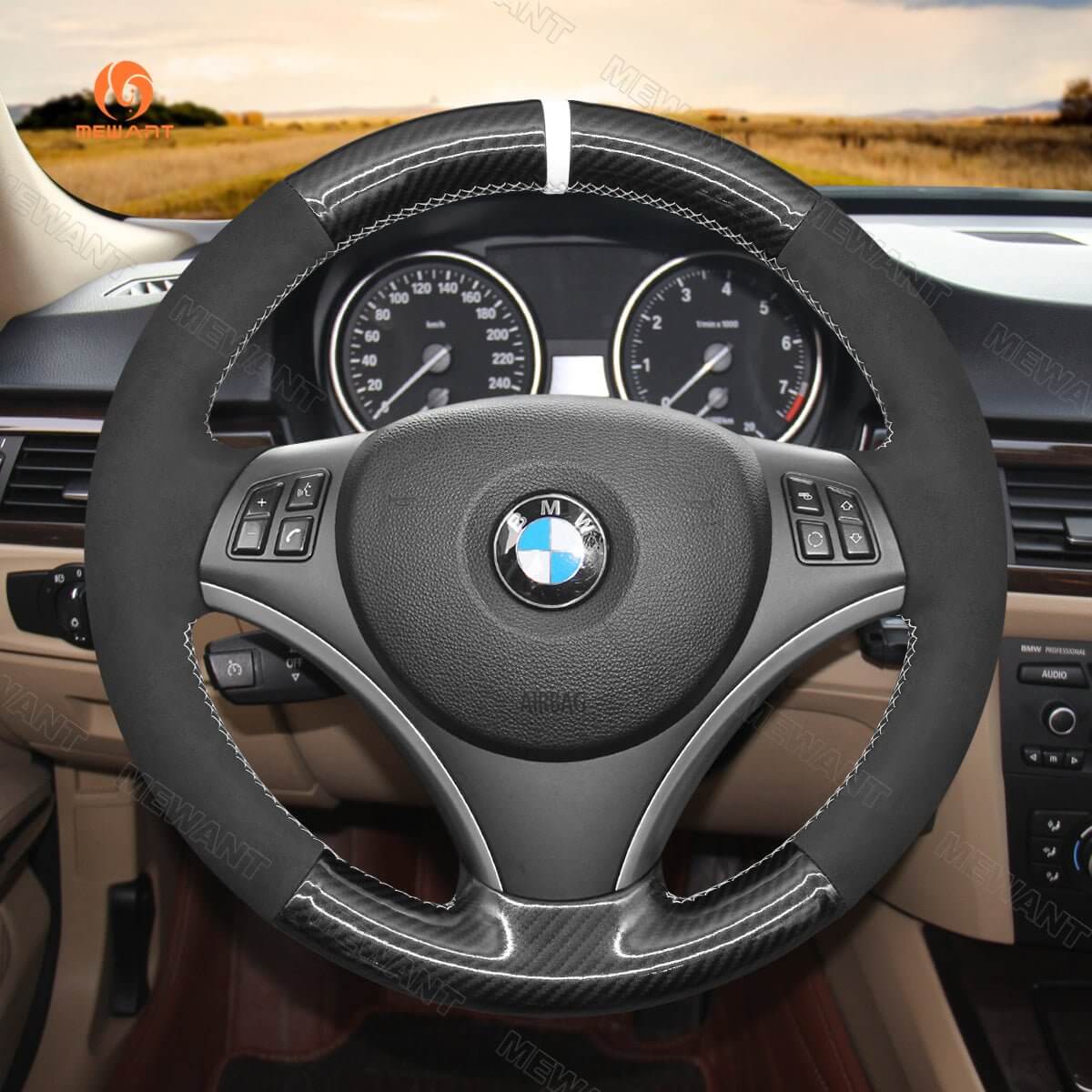 MEWANT DIY Car Steering Wheel Cover for BMW 1 Series E81 E82 E87 E88 2008 - 2012 / 3 Series E90 E91 E92 E93 2006 - 2011 - Alcantara, Leather, Carbon Fiber, Easy Install, Non - Slip, Best Steering Wheel Cover