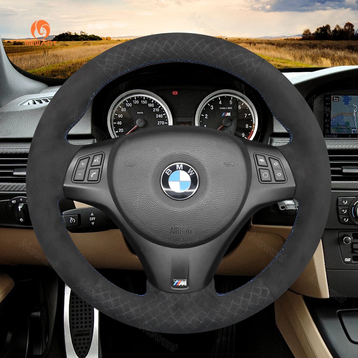 MEWANT DIY Car Steering Wheel Cover for BMW M Sport M3 E90 E91 E92 E93 / E87 E81 E82 E88 / X1 E84 / M3 E90 E92 E93 - Alcantara, Leather, Carbon Fiber, Easy Install, Non - Slip, Best Steering Wheel Cover