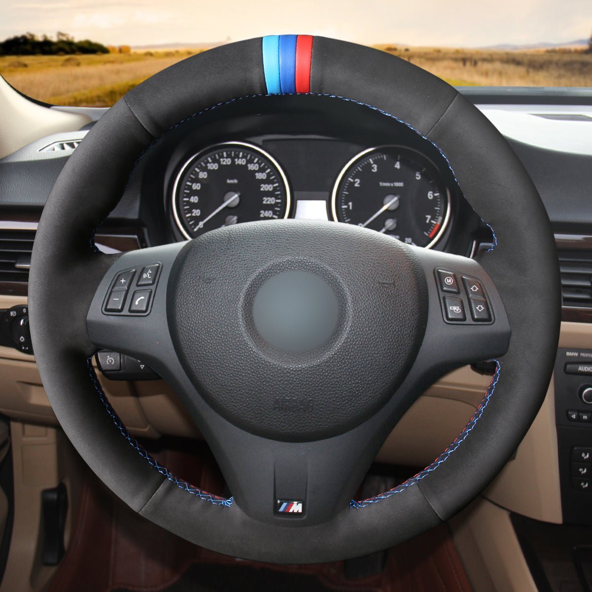 MEWANT DIY Car Steering Wheel Cover for BMW M Sport M3 E90 E91 E92 E93 / E87 E81 E82 E88 / X1 E84 / M3 E90 E92 E93 - Alcantara, Leather, Carbon Fiber, Easy Install, Non - Slip, Best Steering Wheel Cover