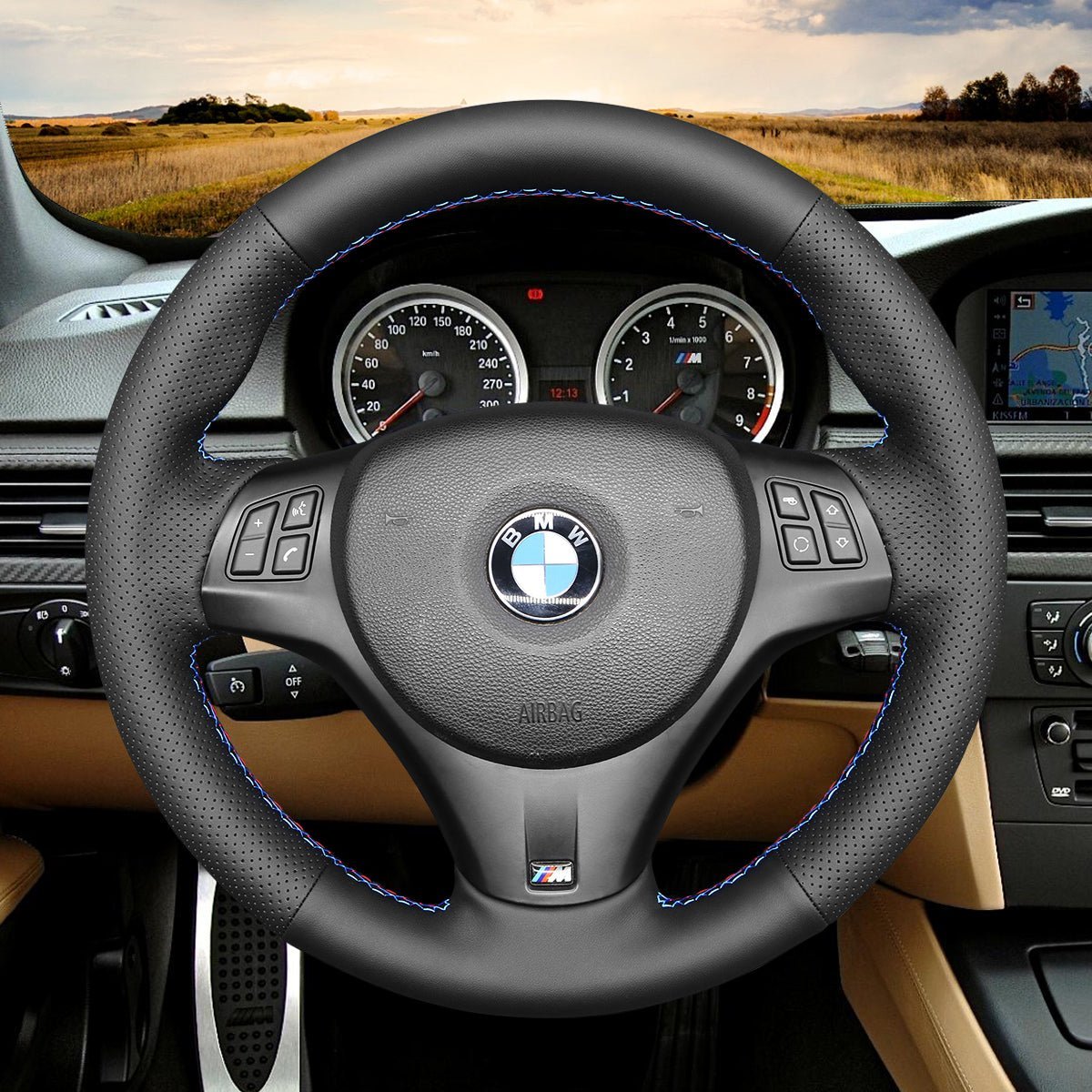 MEWANT DIY Car Steering Wheel Cover for BMW M Sport M3 E90 E91 E92 E93 / E87 E81 E82 E88 / X1 E84 / M3 E90 E92 E93 - Alcantara, Leather, Carbon Fiber, Easy Install, Non - Slip, Best Steering Wheel Cover