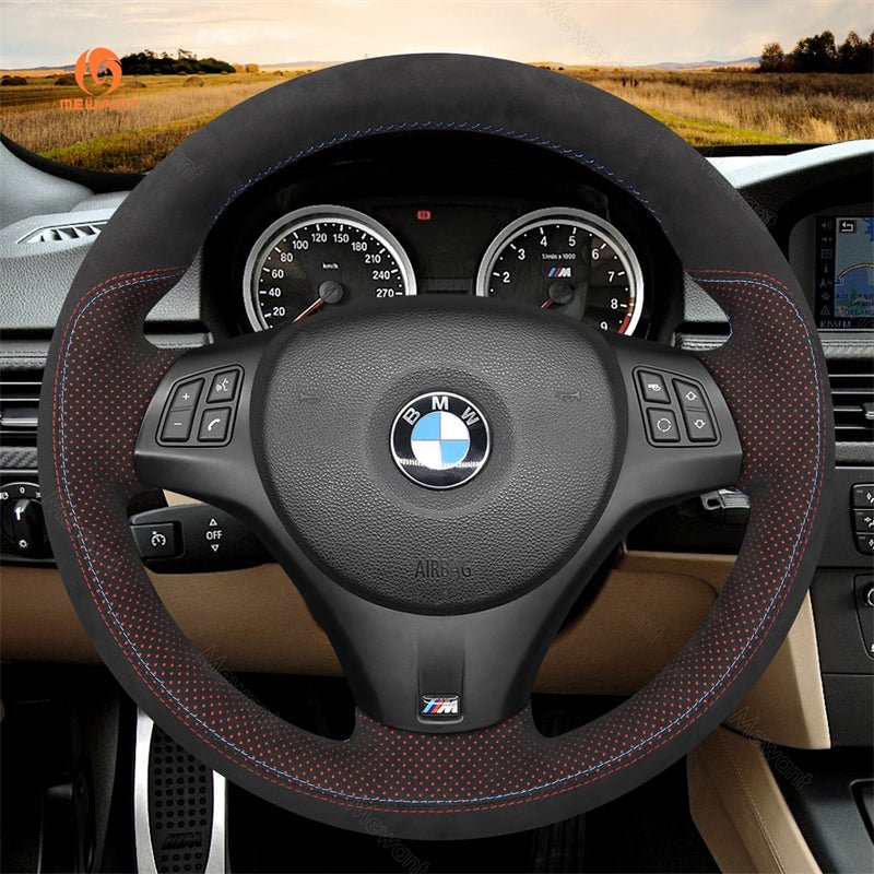 MEWANT DIY Car Steering Wheel Cover for BMW M Sport M3 E90 E91 E92 E93 / E87 E81 E82 E88 / X1 E84 / M3 E90 E92 E93 - Alcantara, Leather, Carbon Fiber, Easy Install, Non - Slip, Best Steering Wheel Cover