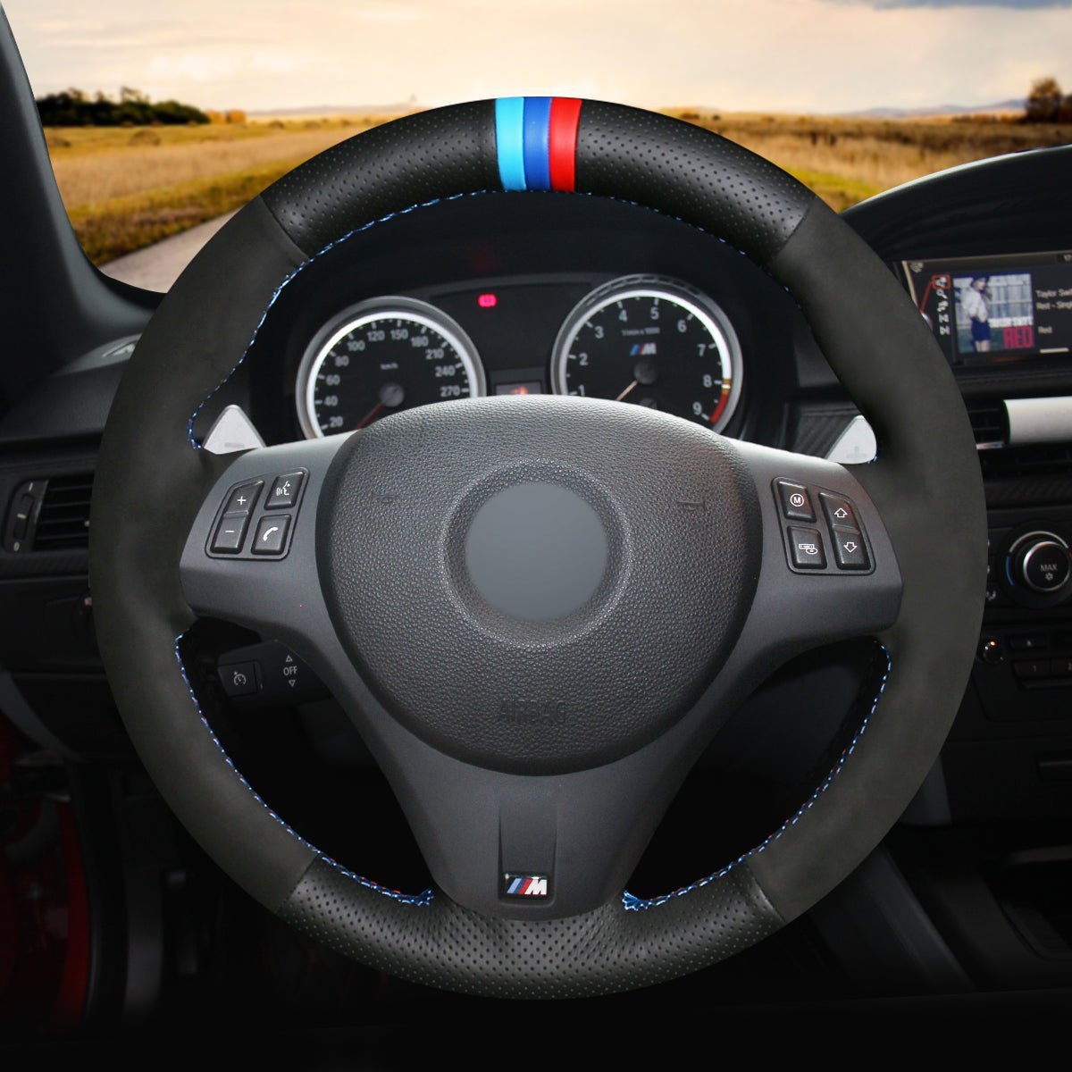 MEWANT DIY Car Steering Wheel Cover for BMW M Sport M3 E90 E91 E92 E93 / E87 E81 E82 E88 / X1 E84 / M3 E90 E92 E93 - Alcantara, Leather, Carbon Fiber, Easy Install, Non - Slip, Best Steering Wheel Cover