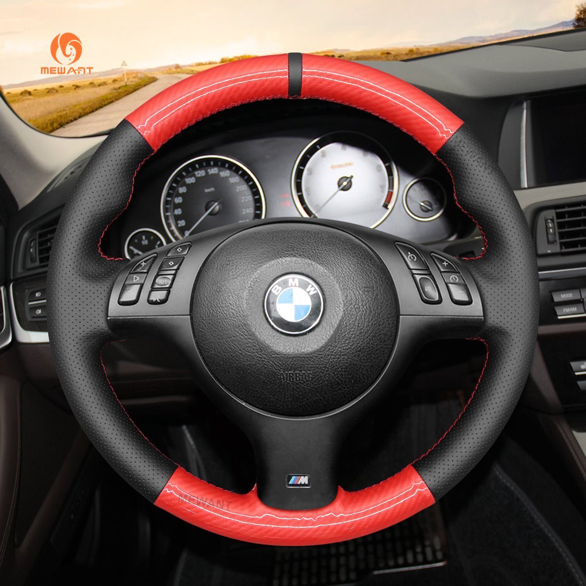 MEWANT DIY Carbon Fiber Leather Car Steering Wheel Cover for BMW M Sport E46 330i 330Ci / E39 540i 525i 530i / M3 E46 / M5 E39 - Alcantara, Leather, Carbon Fiber, Easy Install, Non - Slip, Best Steering Wheel Cover