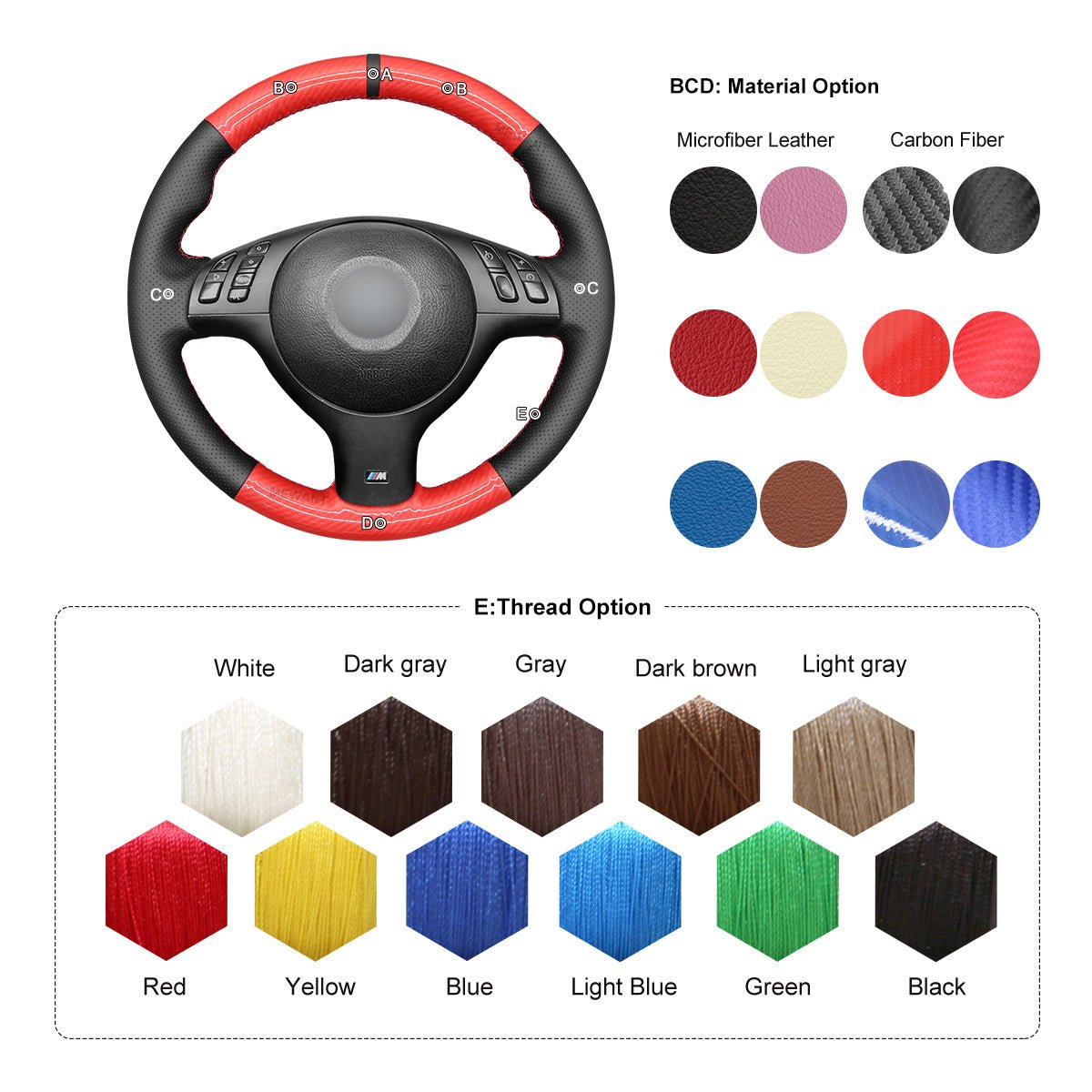 MEWANT DIY Carbon Fiber Leather Car Steering Wheel Cover for BMW M Sport E46 330i 330Ci / E39 540i 525i 530i / M3 E46 / M5 E39 - Alcantara, Leather, Carbon Fiber, Easy Install, Non - Slip, Best Steering Wheel Cover