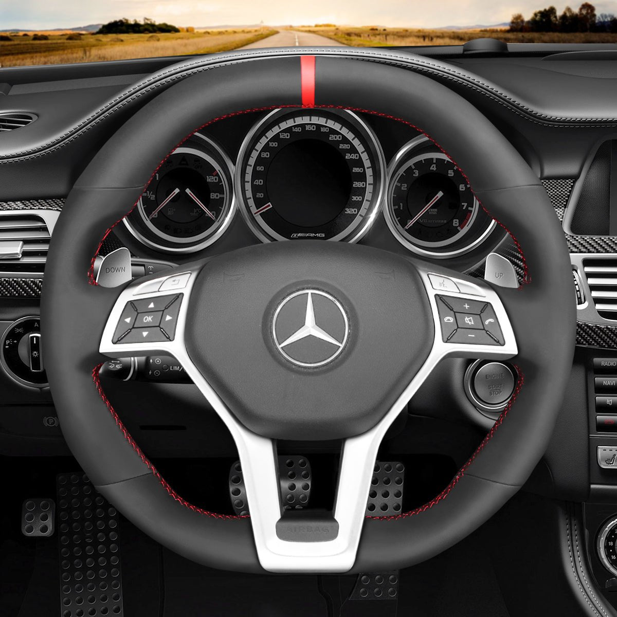 MEWANT DIY Dark Grey Alcantara Car Steering Wheel Cover for Mercedes Benz AMG C63 W204 AMG CLA 45 CLS 63 AMG C218 S - Model C218 W212 - Alcantara, Leather, Carbon Fiber, Easy Install, Non - Slip, Best Steering Wheel Cover