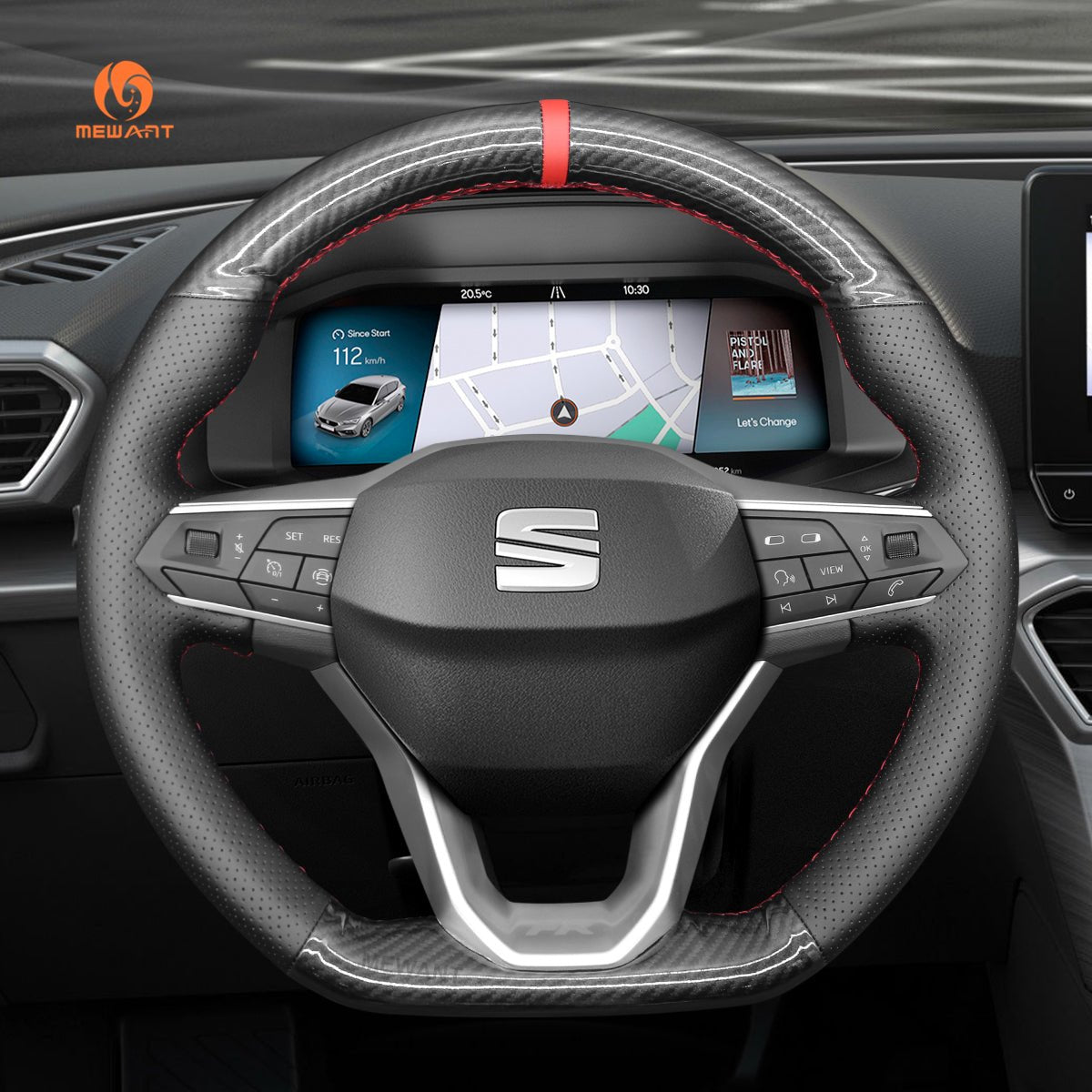 MEWANT DIY Leather Suede Carbon Fiber Car Steering Wheel Cover for Seat Leon 2020 - 2021 / Ateca 2020 - 2021 / Tarraco 2020 - 2021 - Alcantara, Leather, Carbon Fiber, Easy Install, Non - Slip, Best Steering Wheel Cover