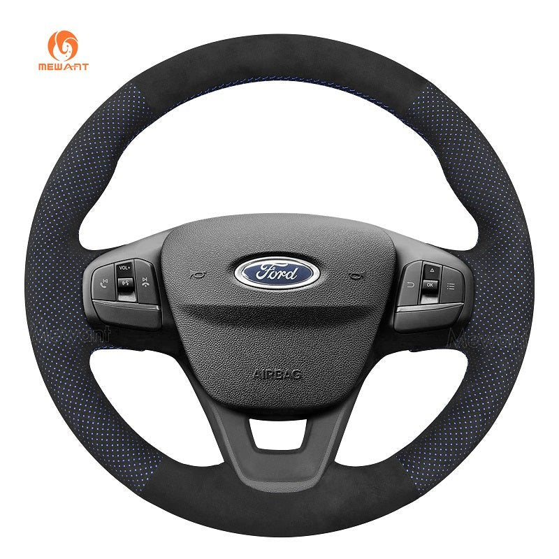 MEWANT Genuine Leather Car Steering Wheel Cove for Ford Bronco Sport / Escape/ E - Transit/ Maverick/ Transit Courier Custom/ Focus IV / Fiesta VII / Tourneo Custom - Alcantara, Leather, Carbon Fiber, Easy Install, Non - Slip, Best Steering Wheel Cover